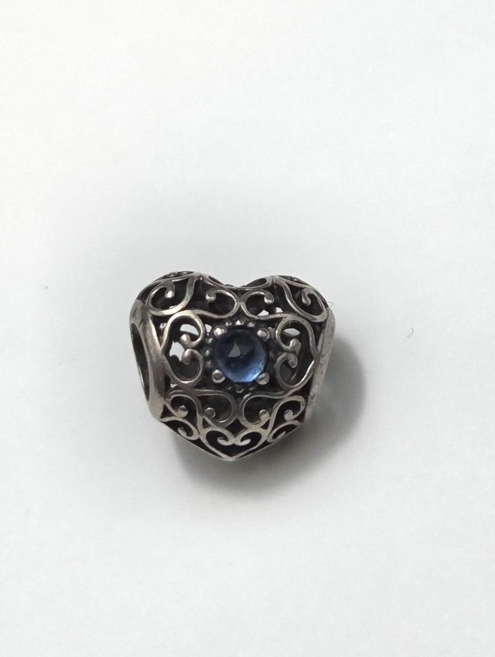 Pandora Sterling Silver December Signature Heart Blue CZ Stone Bead Charm